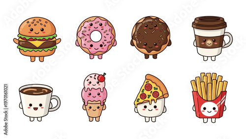 Kawaii fast food vector illustration set featuring hamburger donut pizza french fries ice cream and coffee characters for stickers