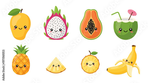 Kawaii Tropical Fruit Vector Illustration Set Featuring Cute Smiling Mango Dragon Fruit Papaya Coconut Pineapple and Banana