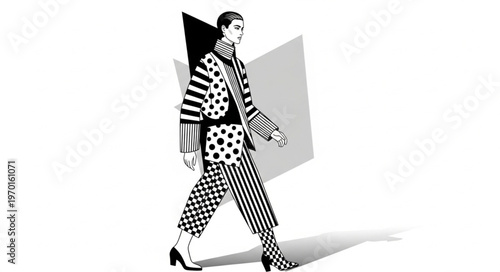 Woman in black and white outfit.