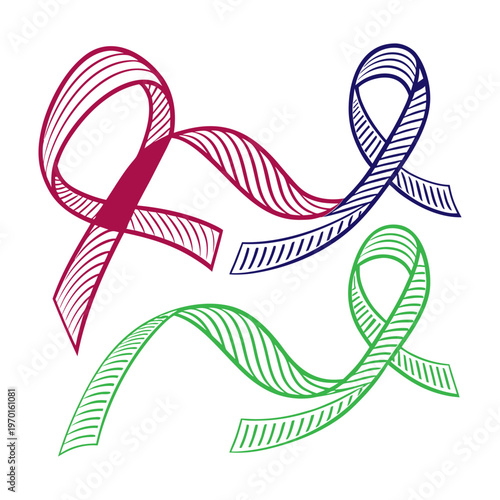 Three intertwined ribbons symbolizing awareness for different causes