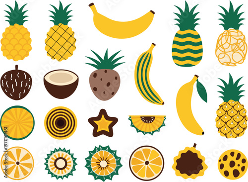 Tropical fruits and citrus slices vector graphic icons
