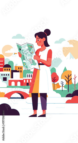 Tourist consulting a map amidst colorful cityscape and park.