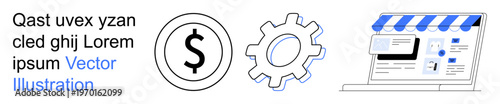 Business strategy, financial planning, e-commerce solutions, online services, innovation, and technology. A dollar sign, gear icon and storefront graphic. Business strategy and e-commerce solutions