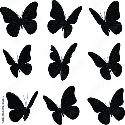 Collection of nine black butterfly silhouettes in different flying and sitting poses isolated on white background for nature garden wildlife decoration and creative graphic projects.
