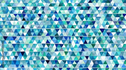 Abstract mosaic pattern made of colorful small triangular tiles in shades of blue green and teal for design