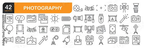 Set of line icons related to Photography, Videography. Outline icons collection. Editable stroke. Vector illustration