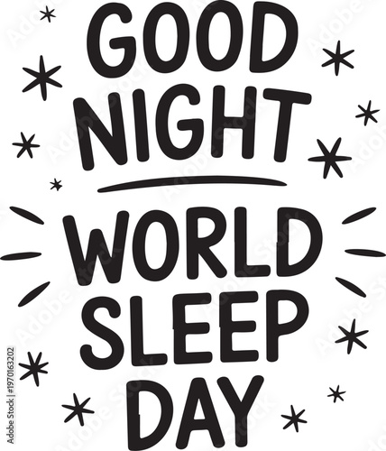 Good Night World Sleep Day Typography with Stars Vector on a White Background
