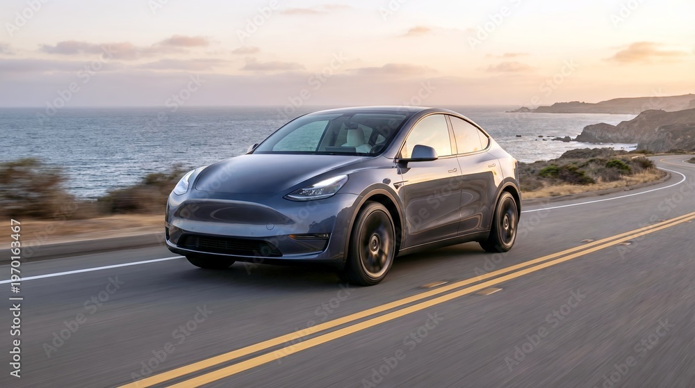 Obraz premium Sleek car driving along scenic coastal road at vibrant sunset