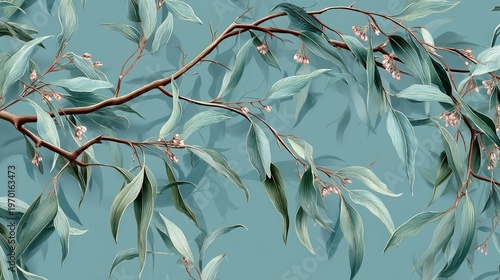Various eucalyptus branches with long narrow green leaves and small white flowers against a soft blue background