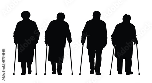 Four elderly people walking with canes a striking black silhouette