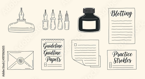 Vintage inkwell and quill set collection isolated on transparent background artistic calligraphy elements