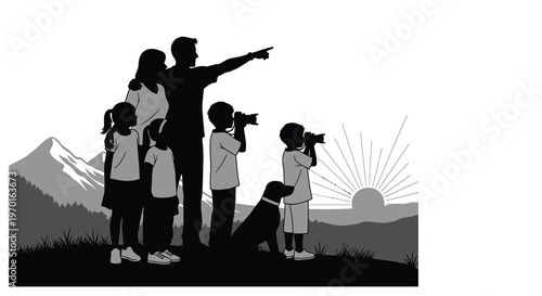 Family enjoying a scenic view with a pointing father a striking silhouette