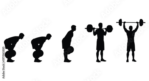 Weightlifting progression sequence depicted in a stark black silhouette