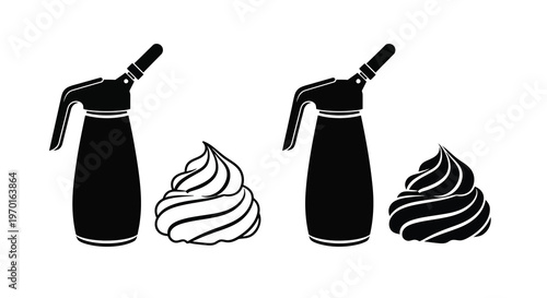 Two whipped cream dispensers with swirls a striking black silhouette