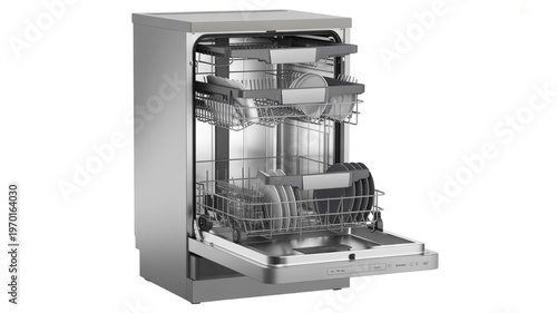 Modern stainless steel dishwasher with open door and visible internal racks isolated on white background