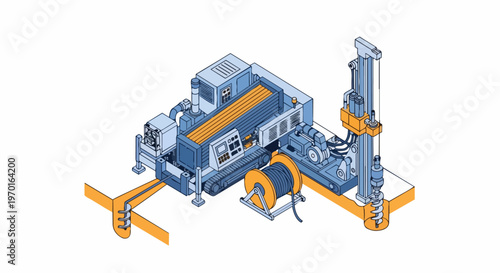 Isometric Horizontal Directional Drilling HDD Machine for Underground Utility Pipe and Cable Installation, Trenchless Technology Engineering Illustration