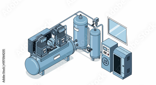 Isometric Industrial Air Compressor System with Storage Tanks, Piping, and Control Unit for Pneumatic Energy and Manufacturing Production