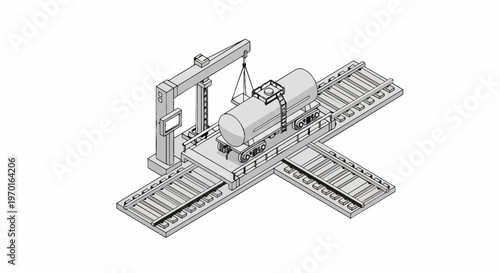 Isometric Railway Tanker Car at Industrial Loading Gantry for Fuel and Chemical Transport Logistics, 3D Line Art Vector