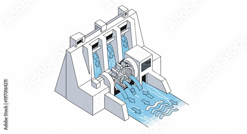 Isometric Hydroelectric Dam Illustration - Sustainable Renewable Green Energy Infrastructure Concept