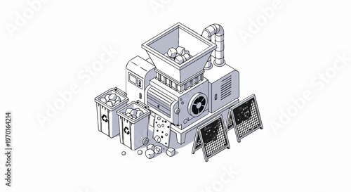 Isometric Industrial Recycling Machine and Waste Shredder with Recycling Bins - Clean Line Art Illustration for Waste Management and Circular Economy Concepts
