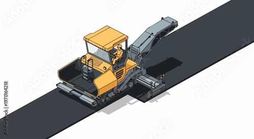 Isometric Asphalt Milling Machine Illustration: Road Construction Cold Planer for Infrastructure Repair and Highway Maintenance