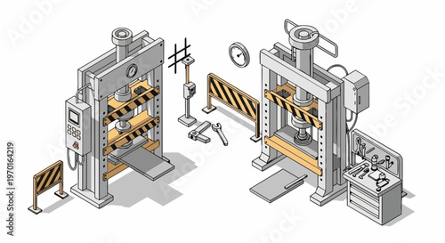 Industrial Hydraulic Press Machine in Factory Workshop, Isometric Vector Illustration for Manufacturing and Heavy Metal Processing