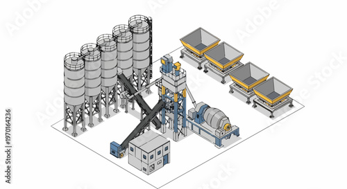 Isometric Concrete Batching Plant Illustration with Cement Silos and Mixing Equipment