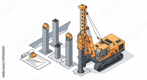 Isometric construction drilling rig machine with steel piles, blueprints, and safety helmets for foundation engineering