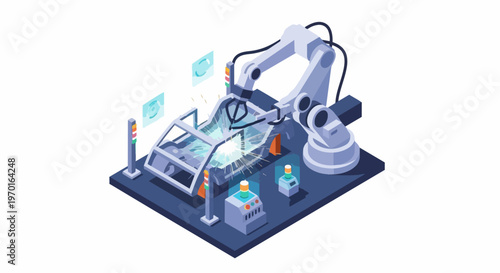 Isometric Smart Factory Automation: Robotic Arm Welding Car Frame on Assembly Line - Industry 4.0 Concept