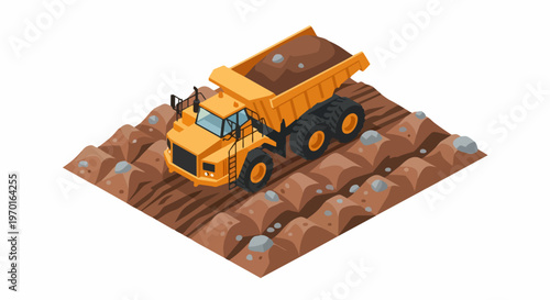 Isometric Yellow Heavy Dumper Truck Carrying Soil on Construction Site - Mining Haul Truck Illustration