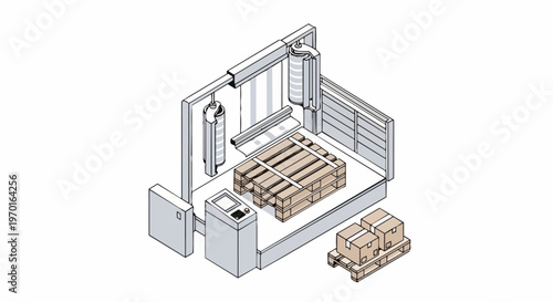 Isometric Industrial Automatic Pallet Wrapping Machine and Packaging Station Illustration