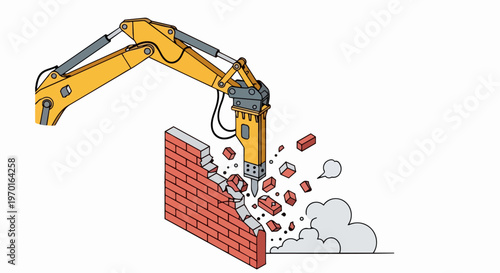Excavator Jackhammer Demolishing Brick Wall Vector Illustration - Construction and Breakthrough Concept