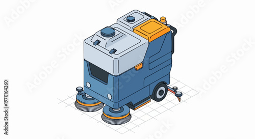 Isometric Industrial Floor Scrubber Machine Illustration for Professional Cleaning Services and Warehouse Maintenance