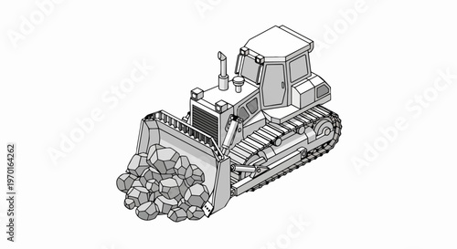 Isometric Line Art Illustration of a Heavy Duty Bulldozer Pushing a Pile of Rocks, Isolated on White Background