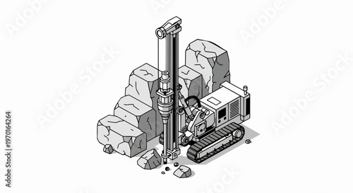 Isometric Line Art Illustration of a Heavy Duty Crawler Drilling Rig Machine Excavating Stone Blocks in a Quarry or Construction Site