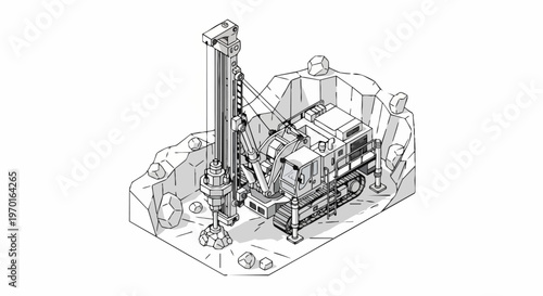 Isometric Line Art Illustration of a Heavy Duty Industrial Drilling Rig Machine Operating in a Rocky Excavation or Mine Site