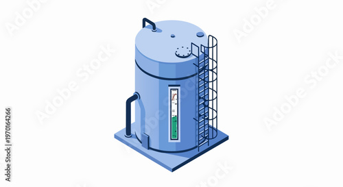 Isometric Blue Industrial Storage Tank with Ladder and Level Gauge Isolated on White