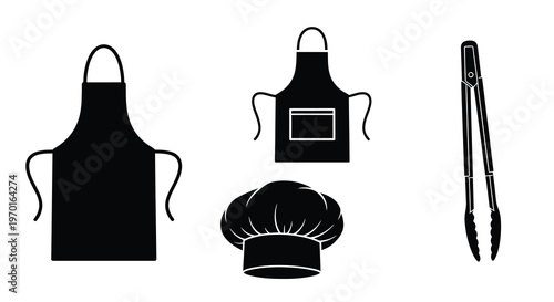 Culinary tools including aprons chef s hat and tongs in black silhouette