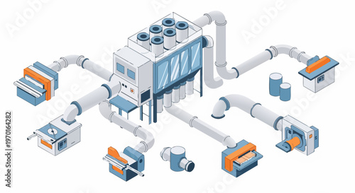 Isometric 3D Illustration of an Industrial Air Filtration and Dust Extraction System for Factory Manufacturing