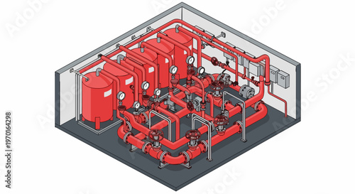 Isometric Fire Suppression System and Industrial Pump Room Illustration with Red Pipes and Storage Tanks