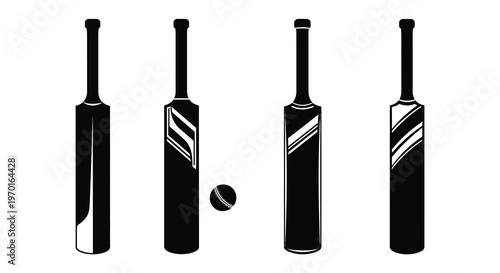 Four cricket bats and a ball displayed as a striking silhouette