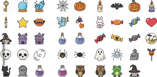 Halloween Collection Featuring Pumpkins, Spooky Cats, Ghosts, Bats, Candies, and Witchy Elements for Party Decorations, Invitations, and Seasonal Art