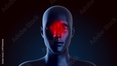 3D medical animation of human face in front view with glowing red area over nose and sinus cavities. Visualization effectively represents sinus pressure, nasal congestion, allergic rhinitis