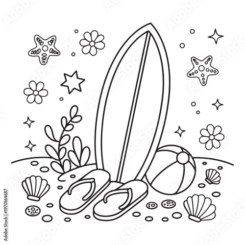 Vector illustration of a set of Easter eggs and an abstract background with flowers on a tropical summer beach with surfboards and ocean waves