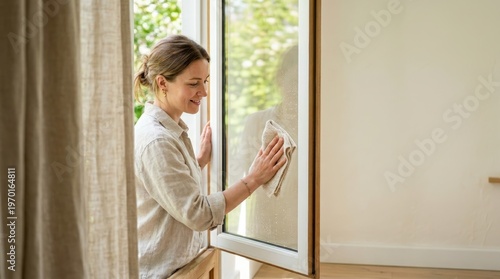Free Download Vertical portrait of woman gently buffing center of window indoors - GFXLoad