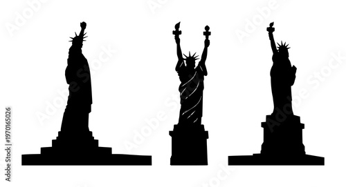 Statue of Liberty set with solid black icon on white background featuring iconic monument, national symbol, historical landmark with freedom and New York