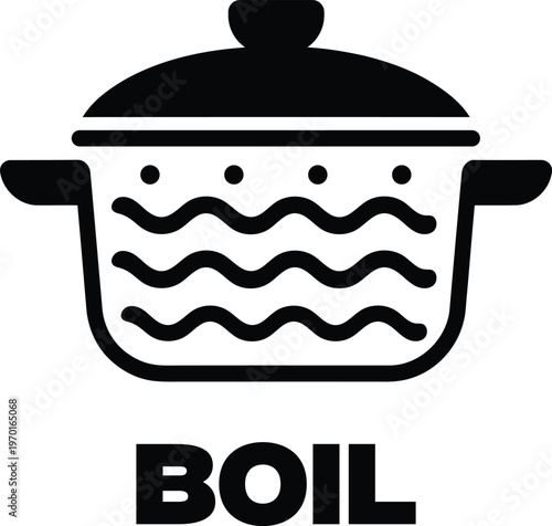 Simple black and white illustration of a cooking pot with wavy water lines and the word boil written below isolated on transparent background