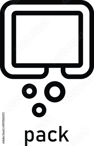 Simple line art icon depicting a package with falling pills or capsules and the word pack underneath