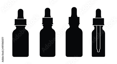 Four black dropper bottles arranged in a row a stark silhouette