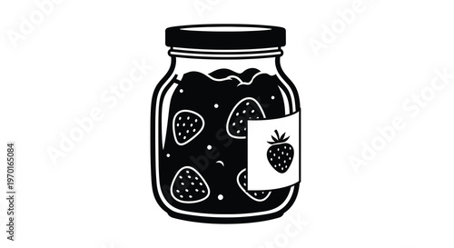 Black and white illustration of a strawberry jam jar a bold silhouette